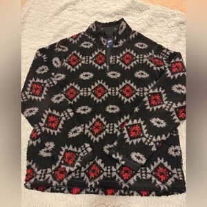 Wrangler Men's Black and Red Patterned Zip Up Sweater